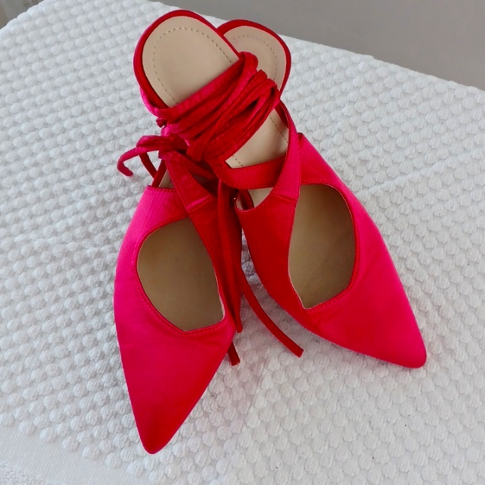 Womens Pink Strappy Laced Tie Strap Satin Pumps